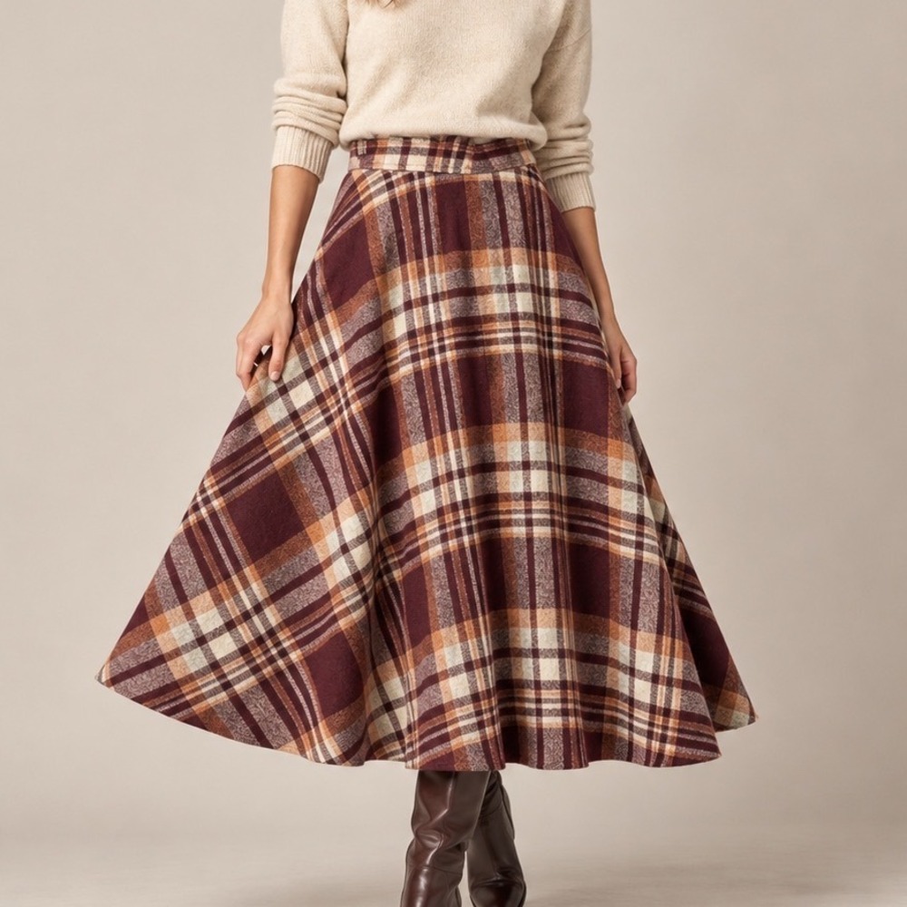 Vintage 70s Plaid Wool Blend Midi Skirt Burgundy Tan A Line AcademiaHeritage